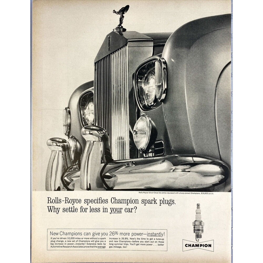 Champion Spark Plugs "Rolls-Royce Specifies Champion Spark plugs." Print Ad 1963